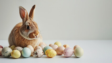 Fototapeta na wymiar A brown rabbit with a collection of painted speckled eggs on a light banner surface background with empty copy space for text. Happy Easter holiday concept