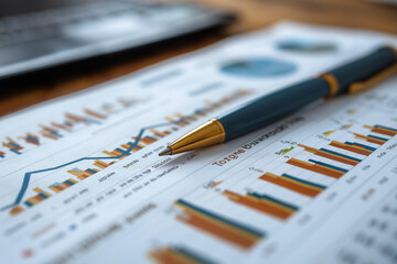 Financial Data Visualization with Business Charts and Graphs on Paper with Pen in Office Setting