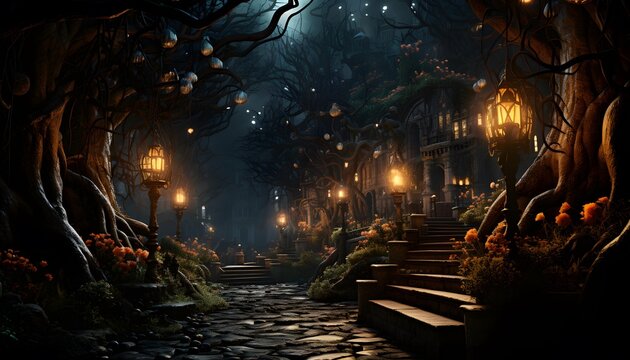 Halloween background with pumpkins in a dark forest, 3d render