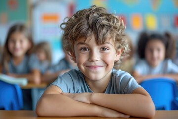 Fototapeta na wymiar A charming little guy grinning in a school. Generative Ai.