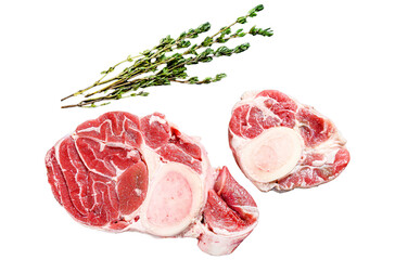 Raw fresh ossobuco con with herbs. osso buco meat.  Isolated, Transparent background.