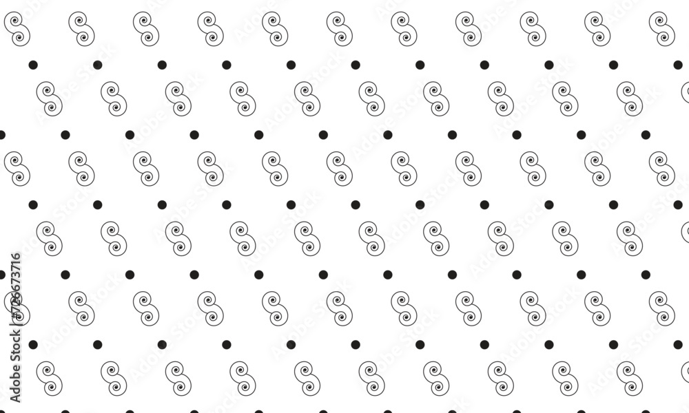 Poster abstract repeatable seamless black spiral and dot diagonal pattern.