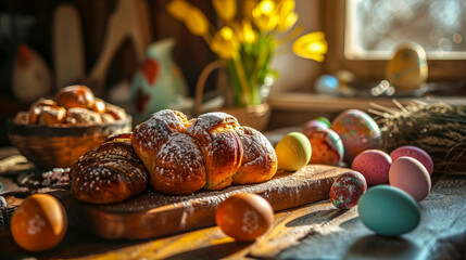 Easter traditional pastries, colored eggs on a table, still life. On the background of the window. Concept of symbol and celebration of Easter holiday. Close-up.