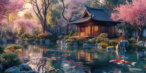 The warm sunset glow reflects on the tranquil waters of a koi pond by a traditional Japanese pavilion, surrounded by the soft pink hues of cherry blossoms. Resplendent. - obrazy, fototapety, plakaty