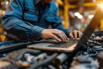 A laptop computer programmer working on automobile mechanics. Generative Ai.