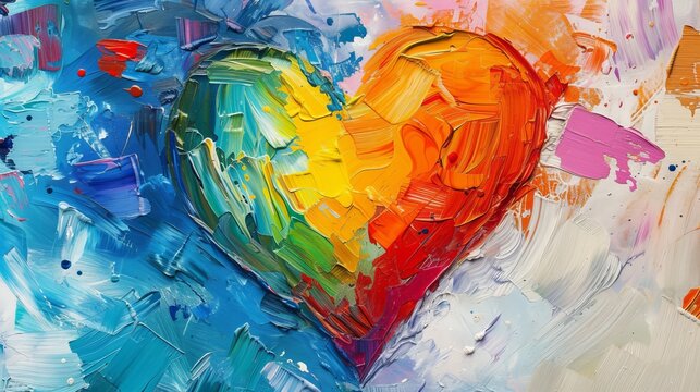 heart drawing with a brush in bright colors, multi-colored background in strokes