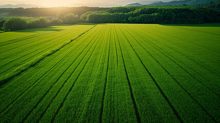 Morning Glow Over the Green Rice Fields and Countryside Sky