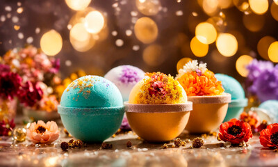 many colorful bath bombs. Selective focus.