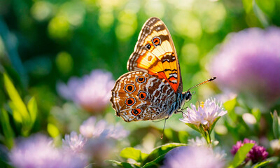 a butterfly collects pollen on flowers. Selective focus.