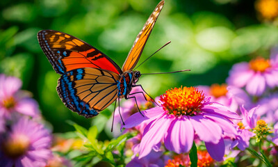 a butterfly collects pollen on flowers. Selective focus.