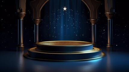 3d illustration Blue Islamic stage podium cylinder with gold theme in dark or night for Ramadan celebration. generative ai