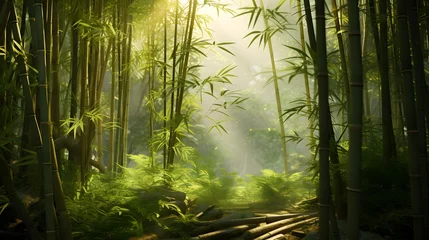 Fotobehang Panorama of a bamboo forest in the morning with sunbeams © I