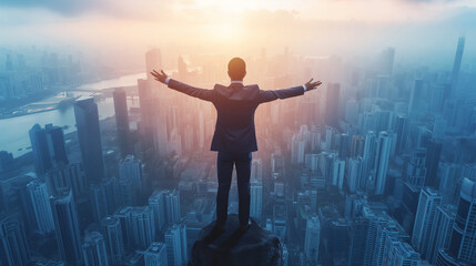 Man in business attire stands atop a skyscraper in a City, arms outstretched, embodying success, freedom, and the balance of urban life