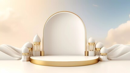 3d illustration of elegant white cylindrical Islamic podium with mosque, clouds, leaf shadows, and gold for ramadan, eid al-adha, and eid al-Fitr. generative ai - obrazy, fototapety, plakaty