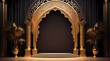 3d illustration stand booth backdrop photo installation Islamic decoration art Muslim ornaments with empty space company logo for exhibition events. generative ai - obrazy, fototapety, plakaty