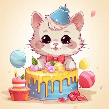A gray fat cat in the cap sits and holds a cake in its paws. Happy Birthday.Cartoon flat style. Vector.