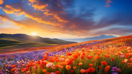 Foto op Canvas Beautiful panorama of poppy field at sunset. Panoramic image © I