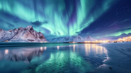 Aurora borealis over the sea, snowy mountains and city lights at night. Northern lights in Lofoten islands, Norway. Starry sky with polar lights. Winter landscape with aurora, reflection, sandy beach - obrazy, fototapety, plakaty