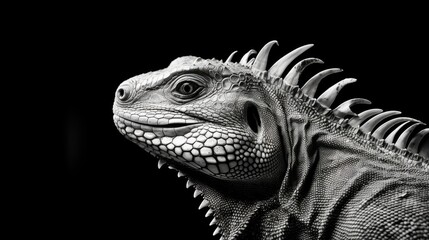 Fototapeta premium Realistic portrait of an iguana. Close-up of a large herbivorous lizard in monochrome style. Illustration for cover, card, postcard, interior design, banner, poster, brochure or presentation.