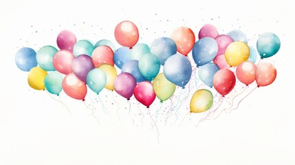 White isolated background with colorful balloons in watercolor style. Happy birthday greeting card and wallpaper. banner