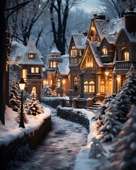 Snow-covered wooden houses in the village at night. Beautiful winter landscape.