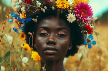 A portrait of a black woman with a rich skin tone, her hair crowned with a colorful mix of summer wildflowers, set against a field backdrop.