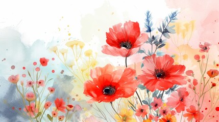 Delicate red and yellow flowers in watercolor style. Wallpaper, banner for the holiday. women's Day. Valentine's Day