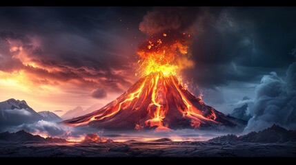 Volcanic eruption with the release of volcanic ash. Flowing lava from a active volcano. Nature disaster. Apocalypse background. Illustration for cover, card, postcard, interior design, decor or print. - obrazy, fototapety, plakaty