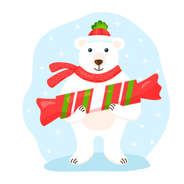 Flat cute polar bear with scarf and hat on snowy background. Vector cartoon illustration with big red candy. Hand drawn image of dear winter bear character with smile and sweet for poster or banner