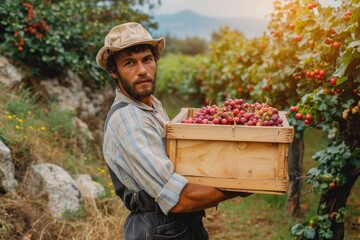 A rugged man stands proudly outdoors, clad in earthy clothing, holding a box of freshly picked cherries, a symbol of nature's bounty