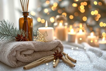 A flickering candle casts a warm glow upon a festive towel adorned with fragrant sticks, star anise, and a miniature christmas tree, adding cozy charm to an indoor winter wonderland of holiday decora