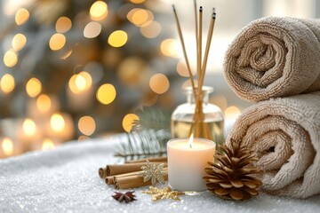 A cozy and festive indoor scene, as a flickering candle illuminates the rustic charm of towels adorned with sticks and pine cones, bringing the essence of christmas and the beauty of winter into one 