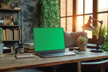 Fototapeta premium A cozy home office setup featuring a sleek laptop resting on a wooden table beside a vibrant houseplant, framed by a window and adorned with a vase and books
