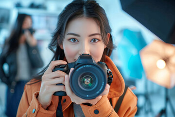 A skilled photographer captures the beauty of the world through her lens, showcasing her passion and creativity with her trusty digital slr camera - obrazy, fototapety, plakaty