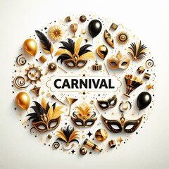 flat design, carnival poster, with masquerade design elements, in gold tones on a white background