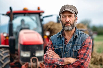 A determined farmer stands in front of his trusty red tractor, surveying his vast outdoor farm with pride and a hint of exhaustion on his face