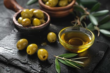 Vibrant green and yellow olives glisten atop a sleek black surface, embodying the essence of mediterranean cuisine and the richness of nature's bounty