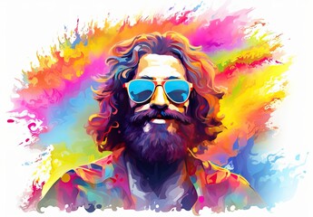 Closeup of the face of a happy hippie man in sunglasses. Fashionable image of a male model with a stylish hairstyle in a watercolor style. Avatar for social networks. Illustration for cover, card, etc - obrazy, fototapety, plakaty