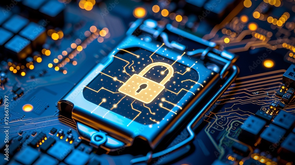 Poster interactive holographic lock icon on cpu secure data protection with shining elements