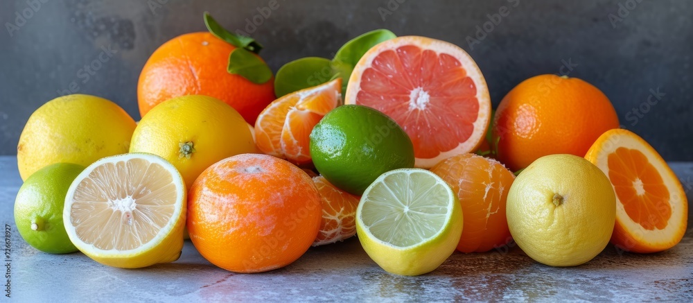 Canvas Prints Image of a variety of citrus fruits including tangerines, lemons, limes, oranges, and grapefruits on a gray table surface.