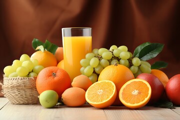 Sunlit kitchen table with fresh fruits and homemade juices, creating a vibrant scene