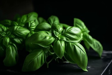 Fresh leaves of aromatic basil plant. Generative AI