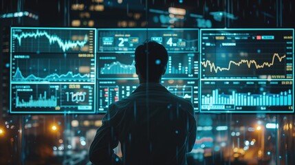 Portfolio manager overseeing financial investment accounts, following stock market global exchange trends. surrounded by digital screens displaying statistics and graphs, generative ai