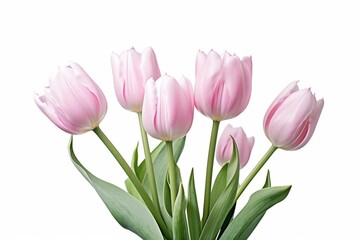 White background, five pink tulips. Generative AI