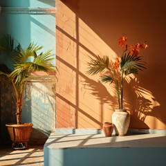 Potted plants casting shadows on a warm-colored wall