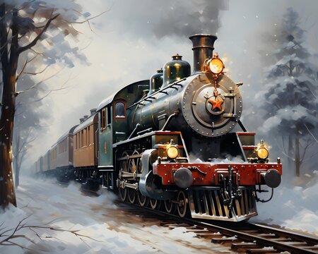 Vintage steam train in winter forest. Digital painting. 3D illustration.