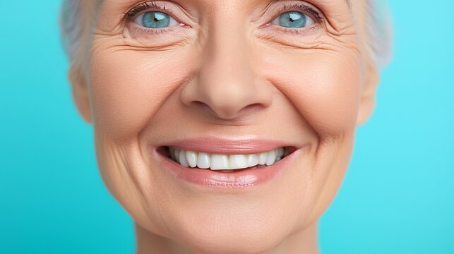 Beautiful middle aged woman smiling in studio bright shot with copy space for text placement