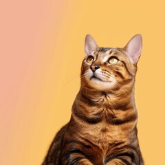 A majestic feline with piercing eyes and delicate whiskers gazes curiously into the unknown against a vibrant backdrop of sunshine yellow, capturing the essence of domesticated grace and the enigmati