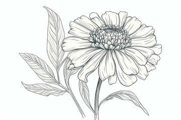 Lovely zinnia flower in coloring page style drawing. Simple linear art. Generative AI