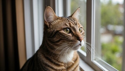 Cat with striking tabby markings looks out a window, its attentive gaze captured in a sharp close-up.